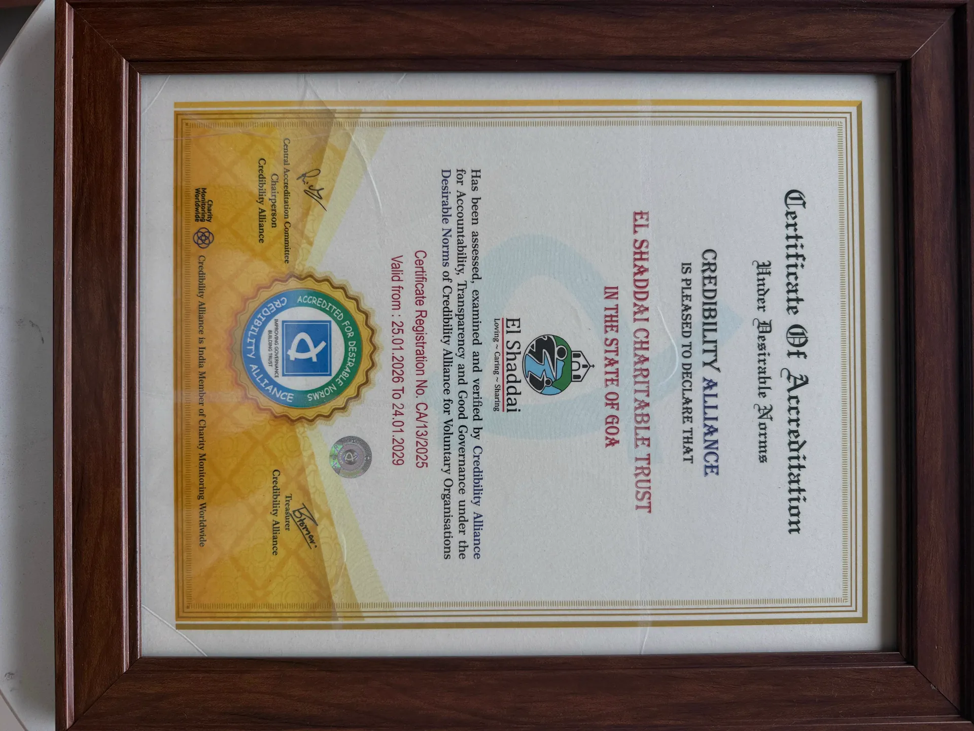 Credibility Alliance current accreditation certificate, valid 2026 to 2029