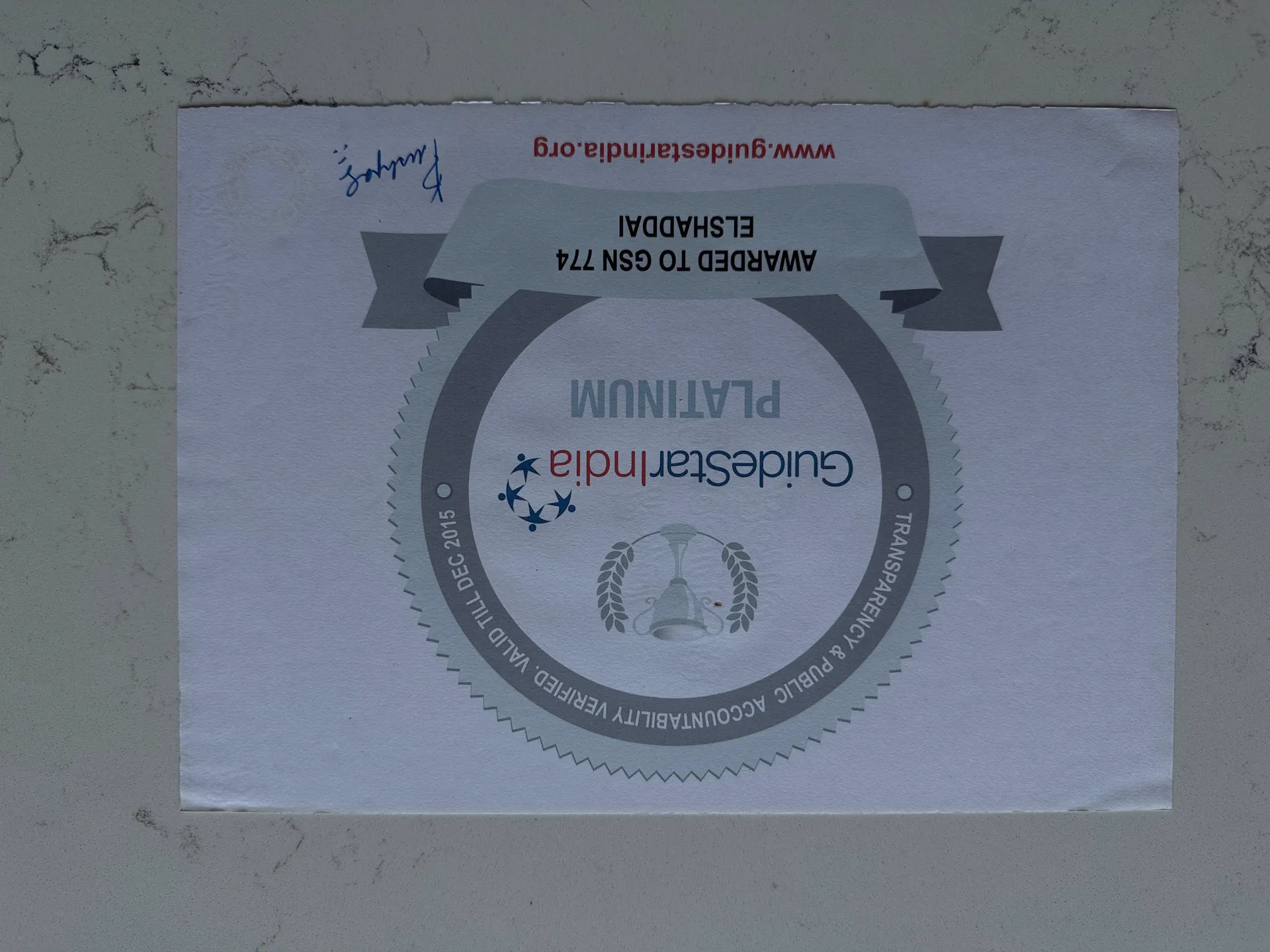 GuideStar India Platinum certification, 2015